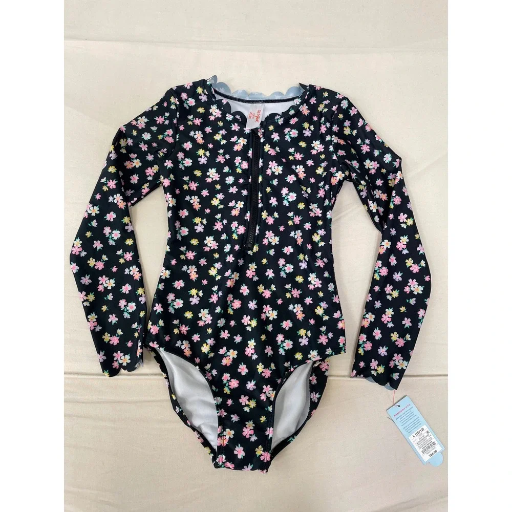 Cat & Jack Girls' Floral Long Sleeve One-Piece Swimsuit Black Size L 10/12